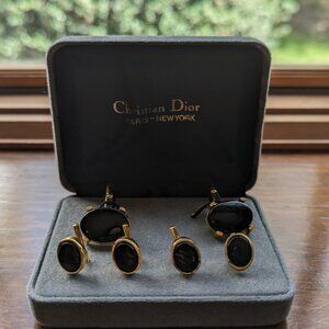 Christian Dior Onyx Cufflinks and Tuxedo Shirt Studs Matching Set